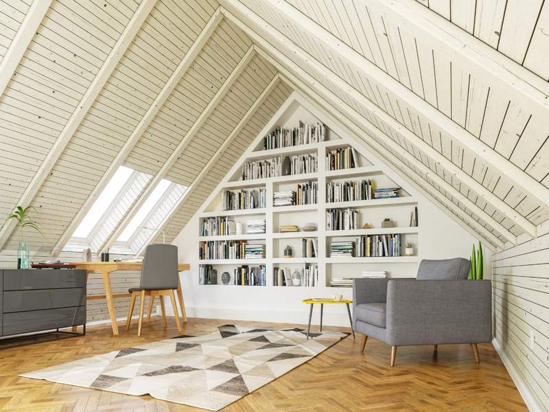 A bonus room is used for a library and office.