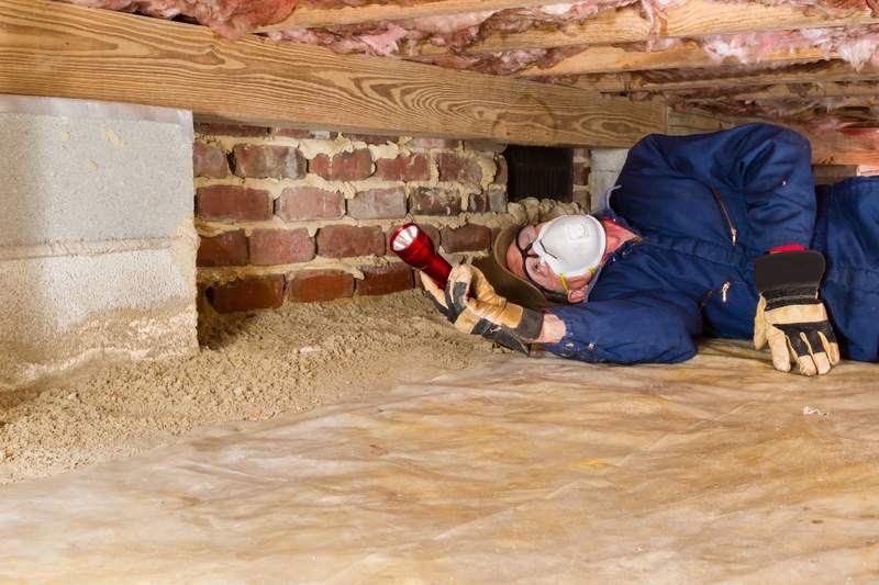 A man checks the interior of a crawl space.